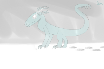 ice dragon stands in snow