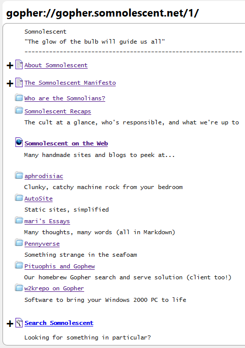 Somnolescent's root Gopher menu