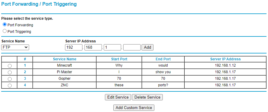 Port forwarding settings