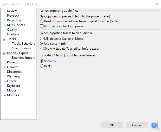 Enabling the Advanced Mixing Options dialog in Audacity preferences