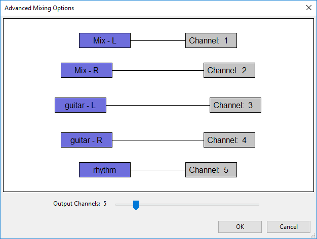 The Advanced Mixing Options dialog, mixing five channels of stems to a five-channel WAV