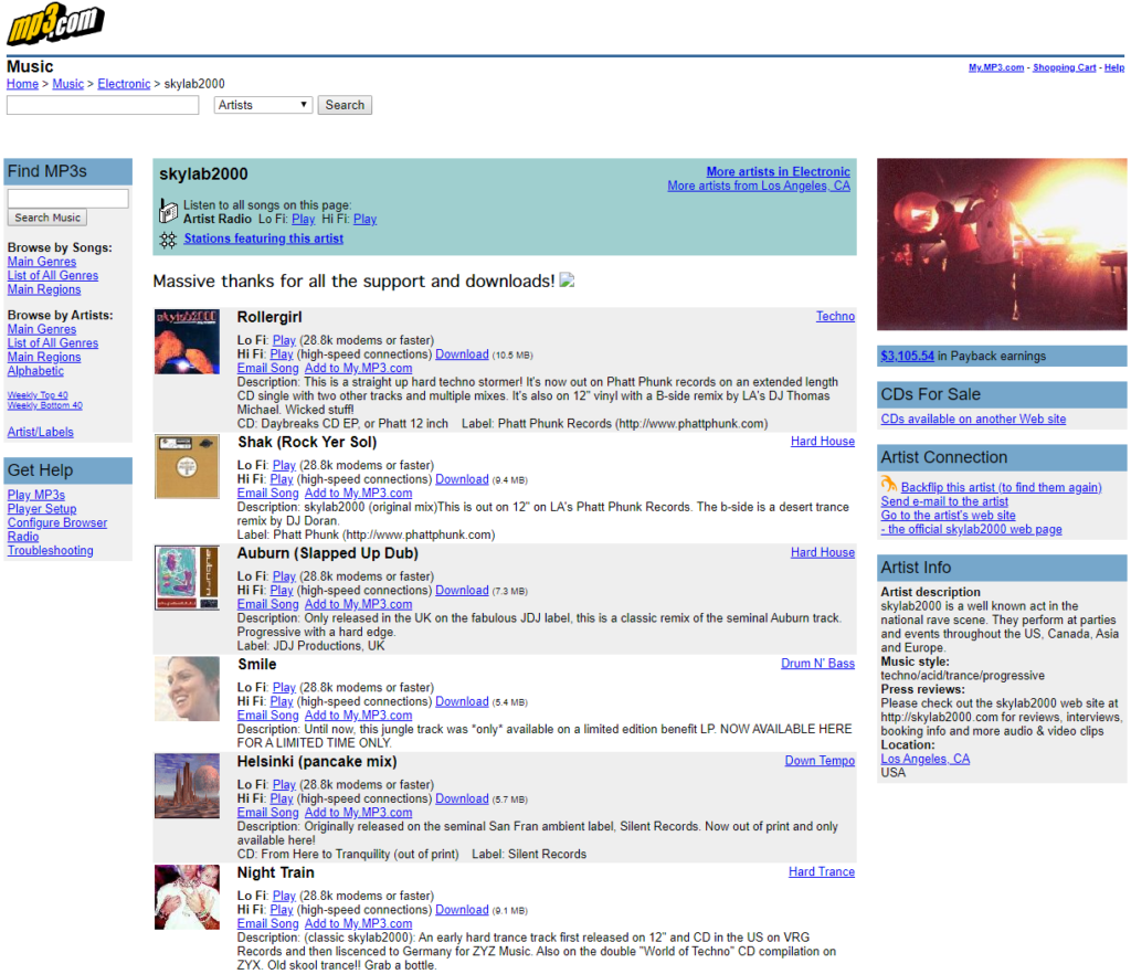 MP3.com's earliest layout