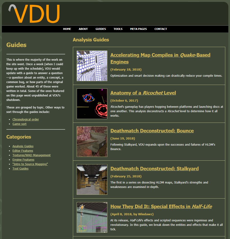 A screenshot of one of VDU's guide index pages