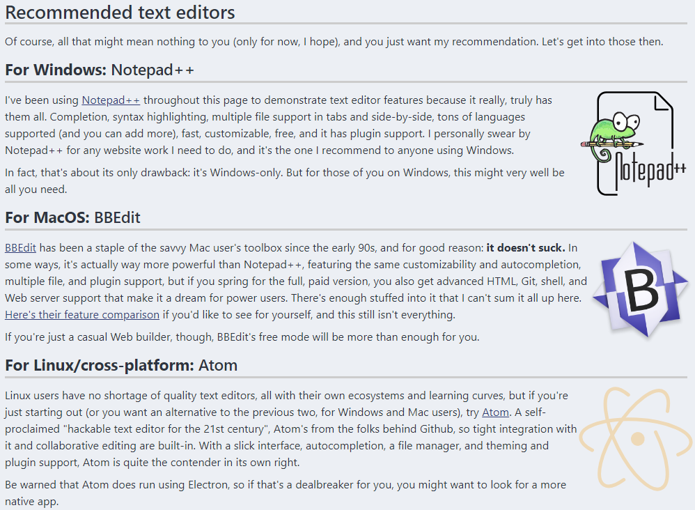 The Tesserae section on text editor recommendations