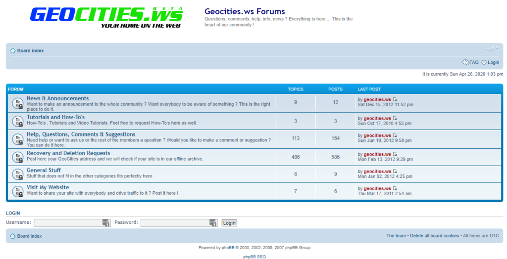 The ghost town that is Geocities.ws' forums