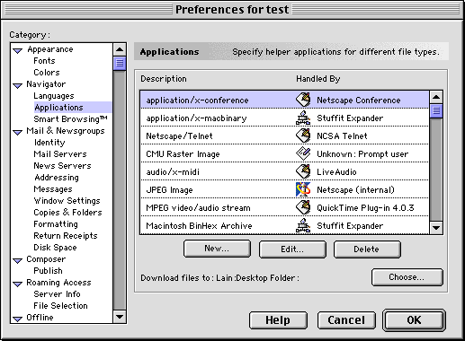 Netscape Navigator displaying MIME preferences