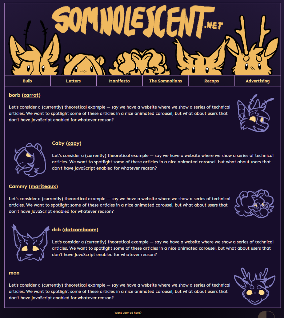 The new somnolescent.net's Somnolians page with JavaScript disabled