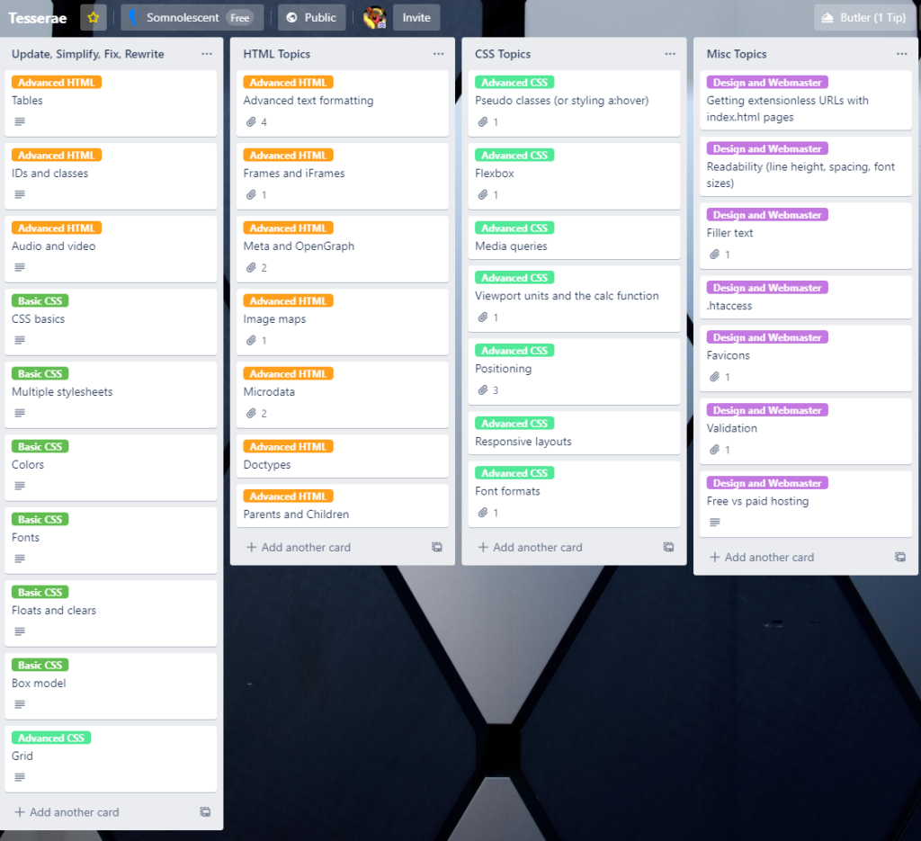 Tesserae's Trello board