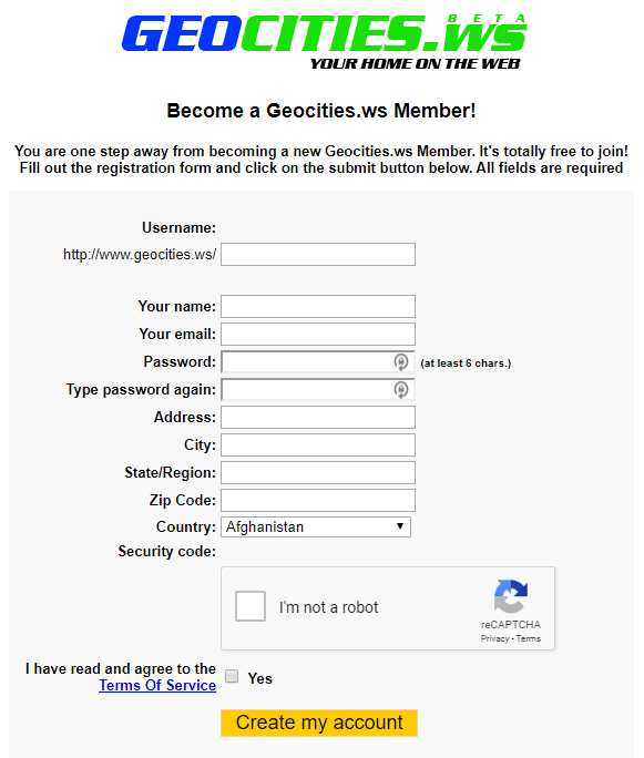 Geocities.ws' signup page