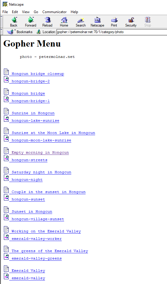 A Gopher menu with a variety of photos and metadata for download