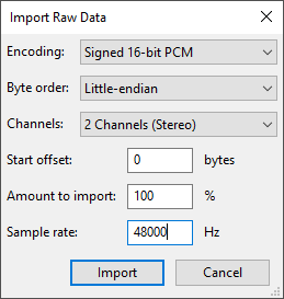 The Import Raw Data dialog in Audacity, set for Amplitude's audio