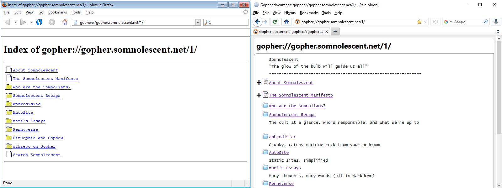 Firefox 0.9 rendering a menu without informational selectors versus OverbiteFF, which does