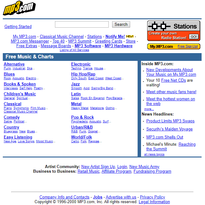 MP3.com's homepage in 2000