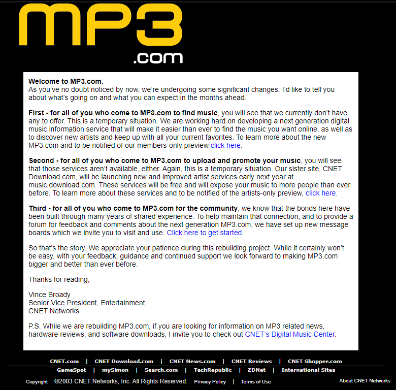 What mp3.com looked like post-shutdown