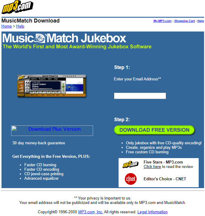 MP3.com advertising MusicMatch Jukebox