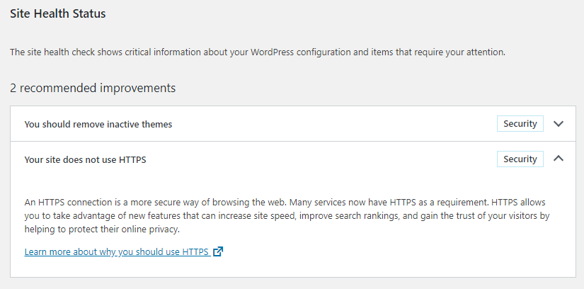 WordPress warning about us not using HTTPS