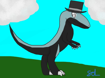 dinosaur with a hat stands