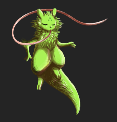 fluffy green slugcat with a longass tongue