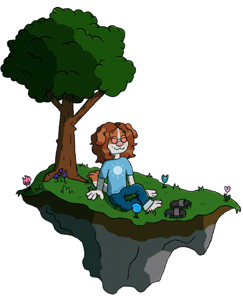 Setter lounging under a tree on a luscious floating island