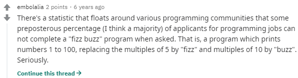 Reddit posting about fizz buzz