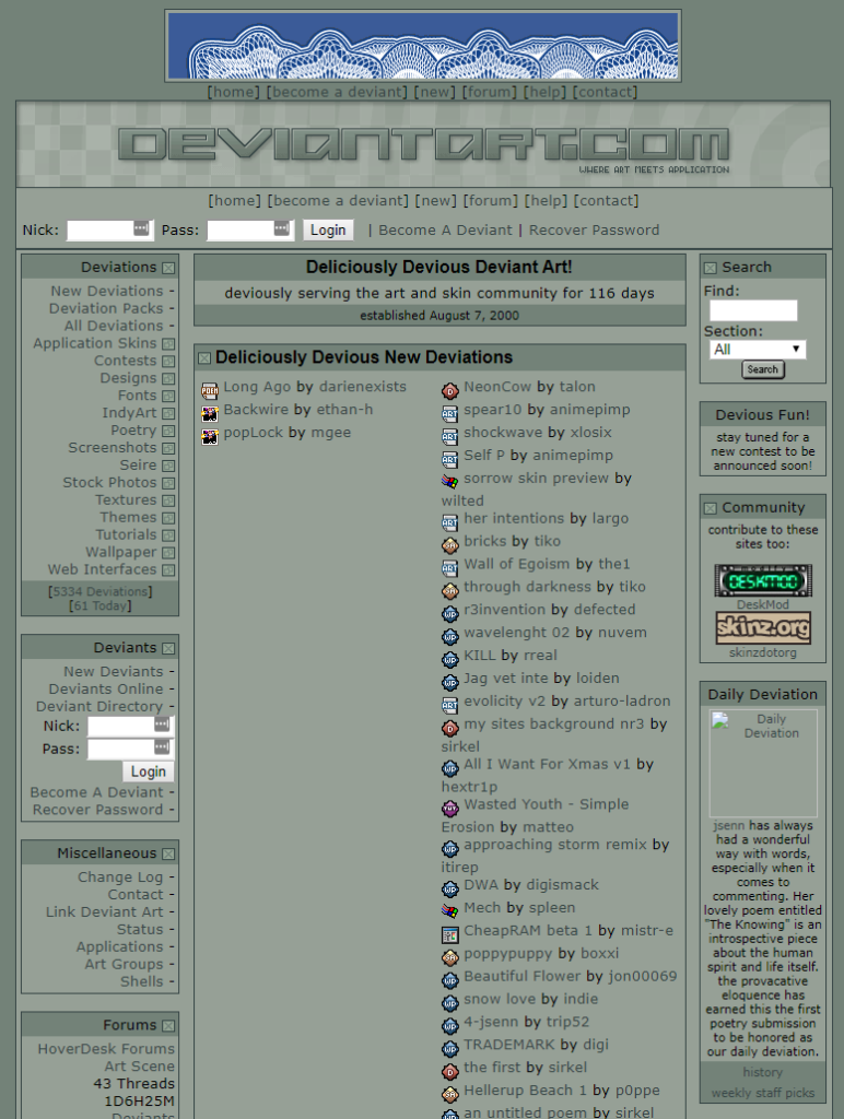 DeviantART's layout, December 2000